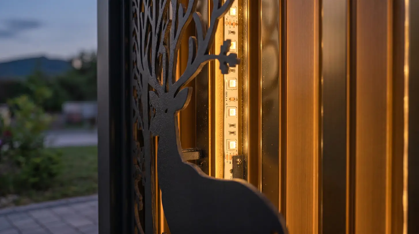 Скрытая LED-подсветка сквозь художественную панель ограждения FOREST